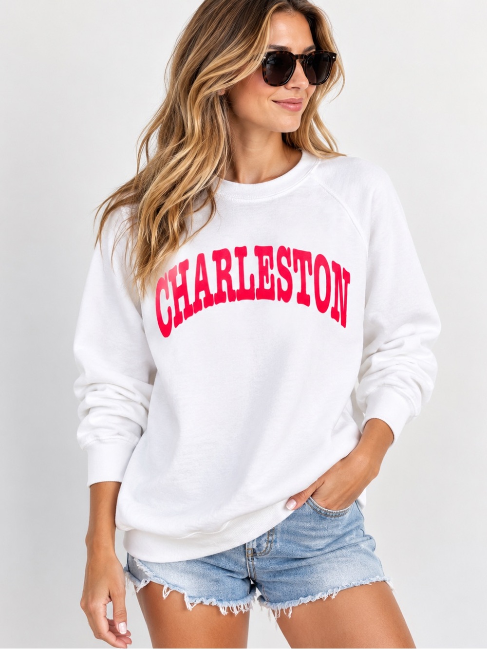 White 'Charleston' Crewneck Sweatshirt - Women's Graphic Pullover- Medium
